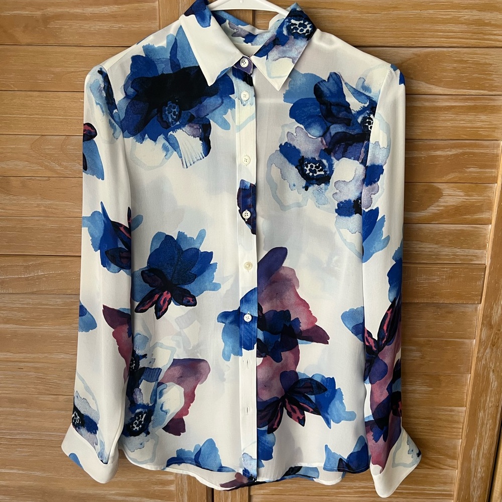 Banana Republic White Button-Up Shirt with Blue and Purple Floral Print